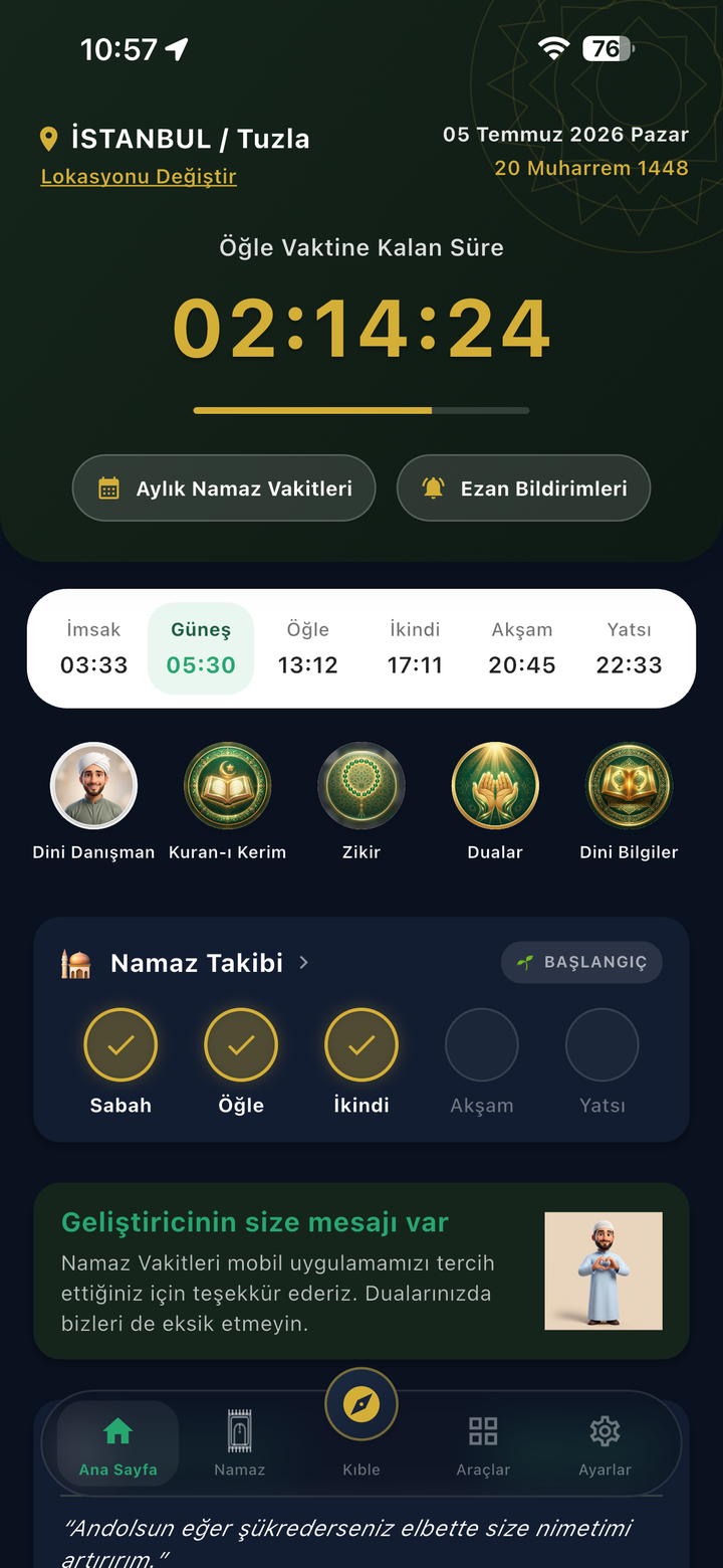 Ana sayfa — vakit sayacı, hızlı araçlar ve namaz takibi