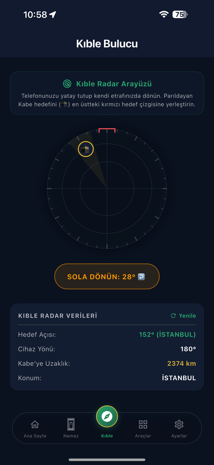 Kıble bulucu — radar arayüzü ve hedef açısı