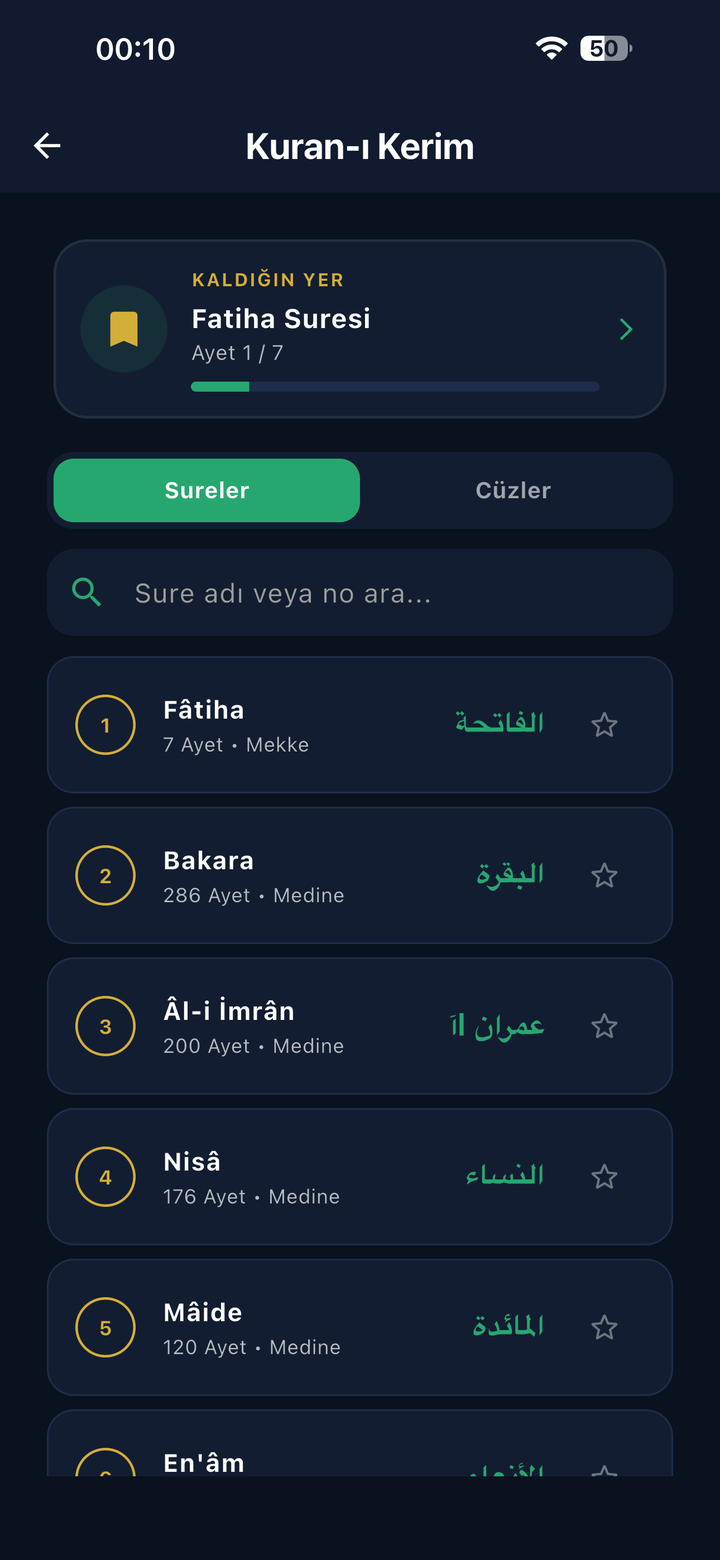 Kur'an-ı Kerim — sureler, cüzler ve kaldığın yer