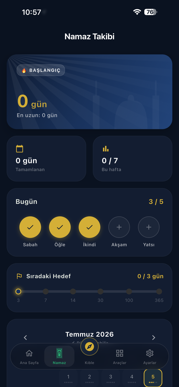 Namaz takibi — seri, günlük ilerleme ve hedefler